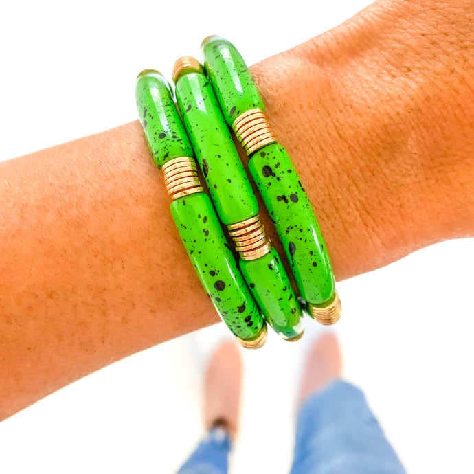 Green & Black Speckle Acrylic Tube Bamboo Bracelet - Keanna Couture